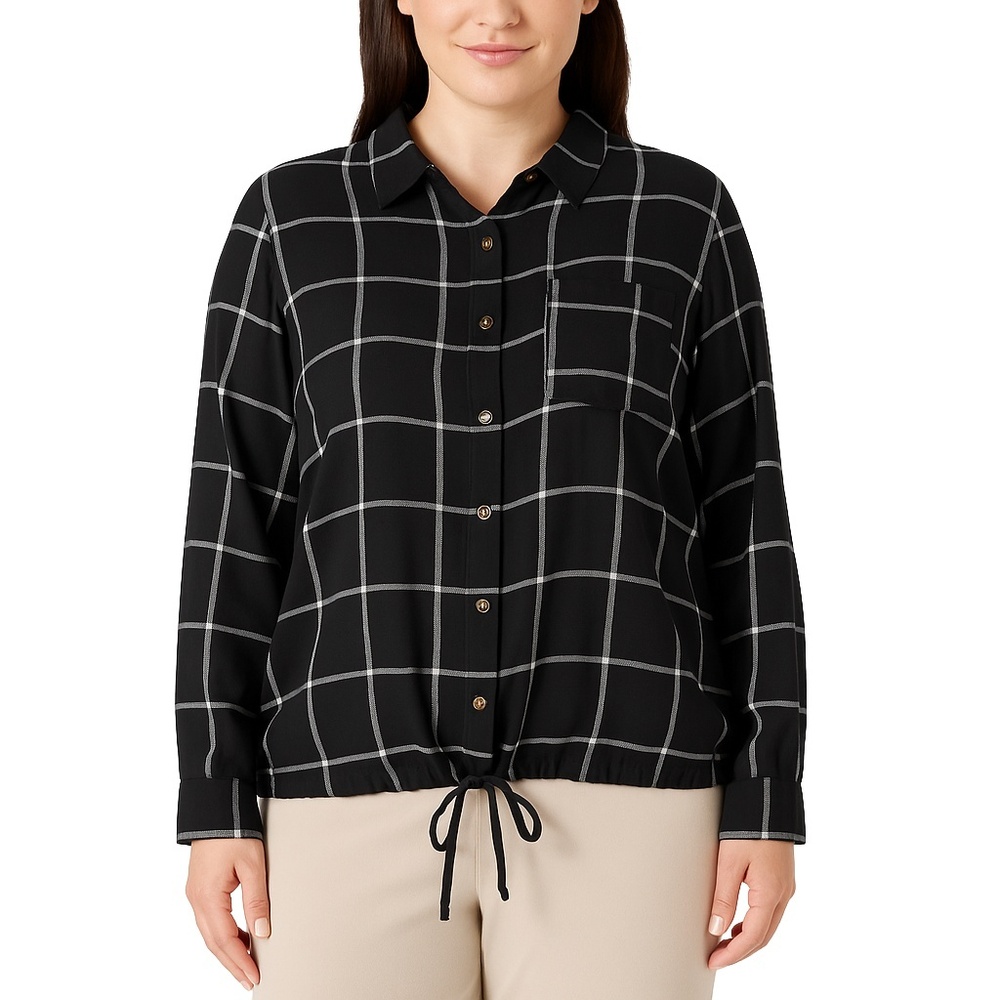 EDEN and OLIVIA Black Plaid ButtonUp Drawstring Hem Casual Classic Top Womens XL